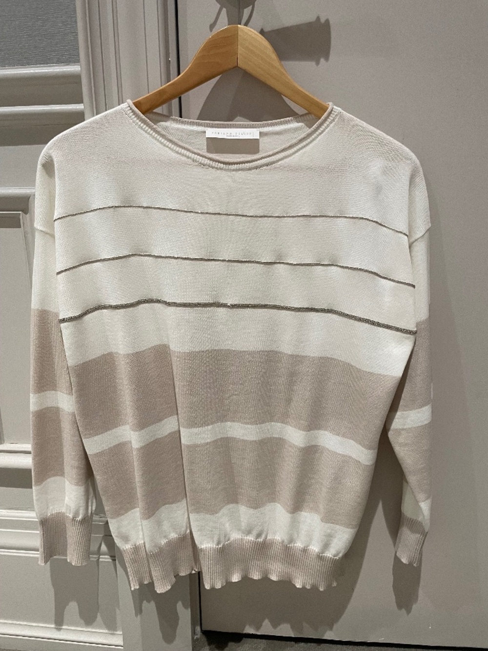 Fabiana Filippi Cotton Sweater With Monili Detailing, Cream/Taupe, Size S/6 US